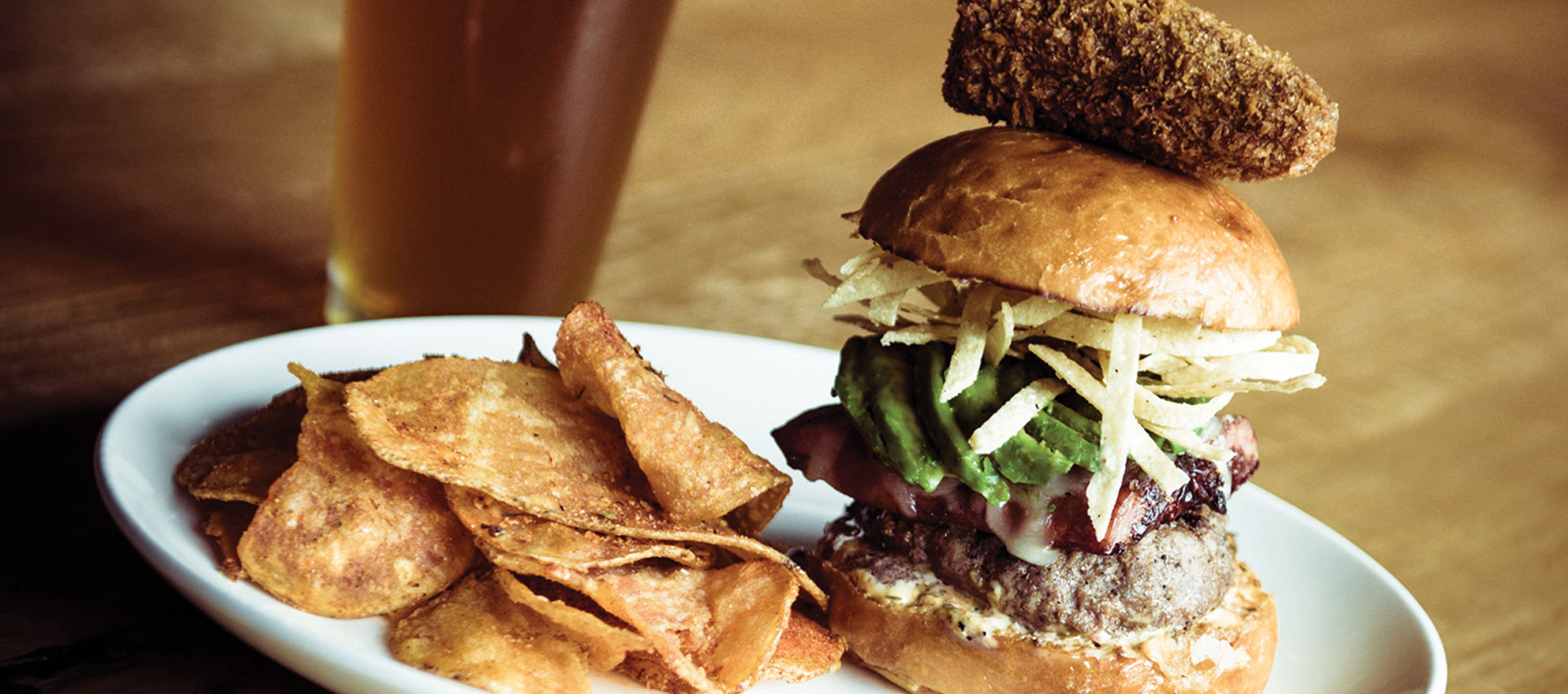 image of burger, chips and beer - dining at Denver Pavilions